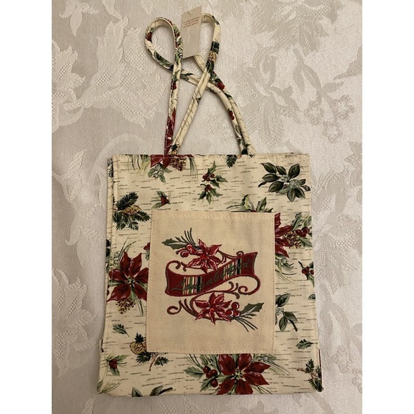 Longaberger Christmas Homestead Fabric Gift Bag Tote Holiday Botanical Holly NEW - Picture 1 of 9